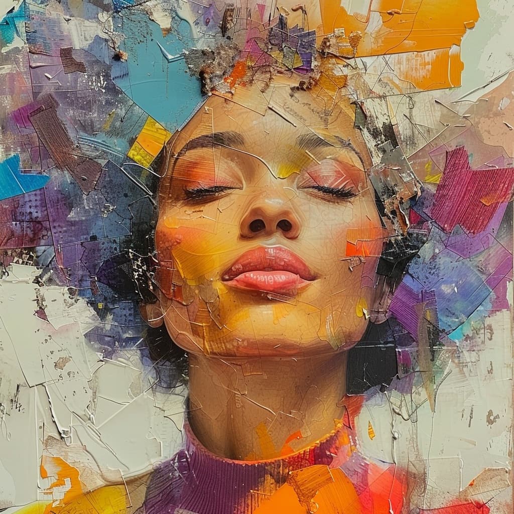 Painted collage portrait of a woman's face in layered colors and textures, representing every woman